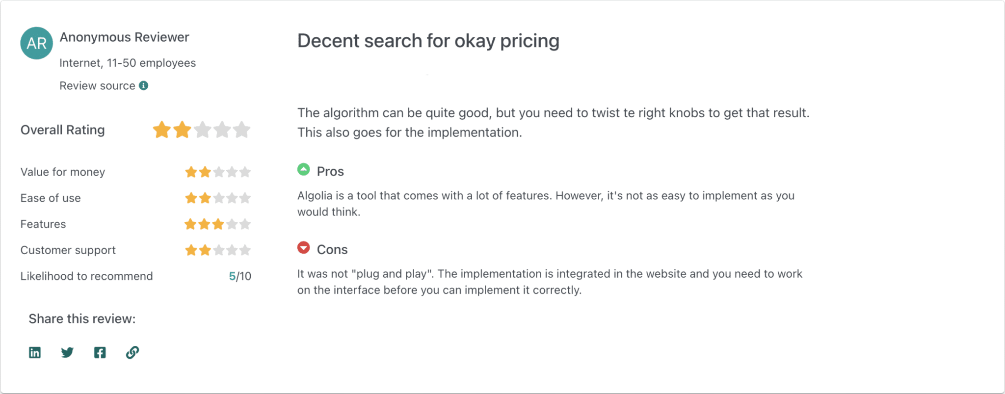 Algolia implementation review