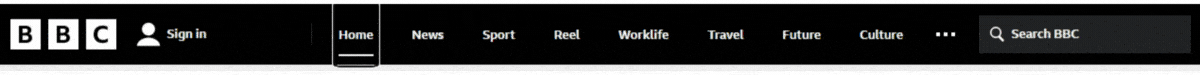 GIF shows the white outline focus styles on the menu of the BBC website highlighting each element as it becomes active.