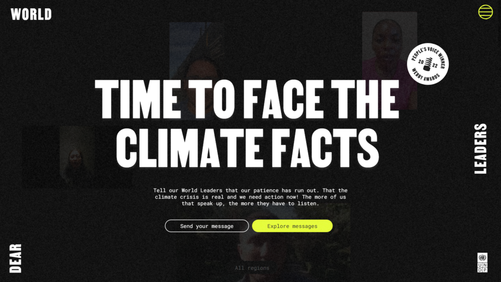 Dear world Leaders- climate change awareness website uses bold large text to get the message across.