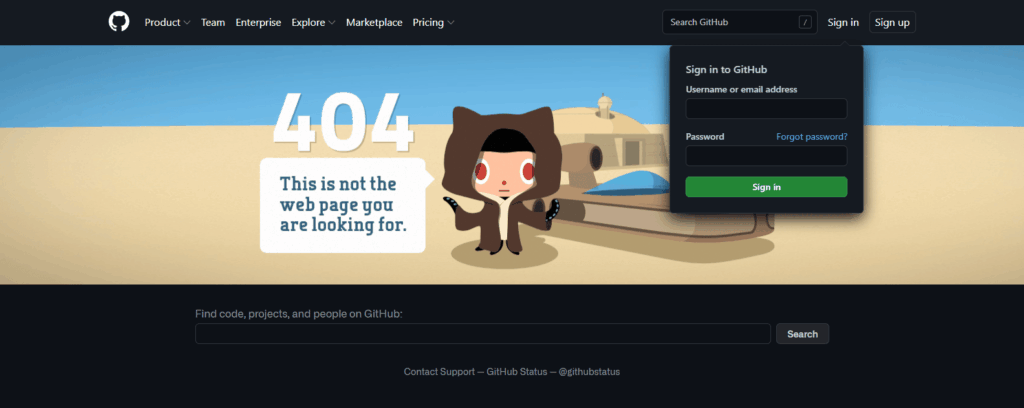 404 page examples: GitHub