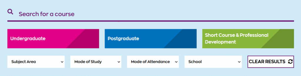 Educational Website Site Search Example: Robert Gordon Filters Sorting