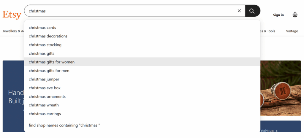 Etsy highlights what the user would click when you hover over the elements to indicate clickability.