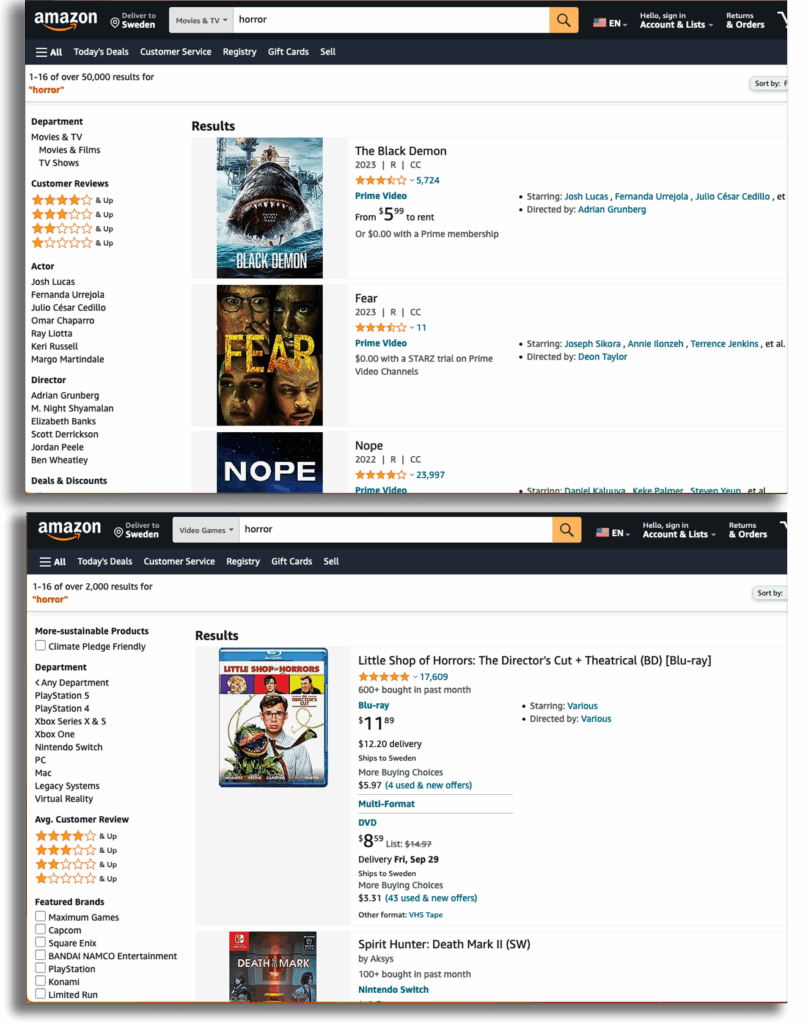 Advanced Filtering, especially dynamic filtering, prioritizes user experience by adapting to the users' search intent and presenting only relevant search filters.
Amazon utilizes dynamic faceting for numerous categories. In the example below, you see two categories: “movies” on top, “games” on the bottom. Both include the “customer review” facet. However, the games category search showcases “featured brands”, while the movies query brings shows “actor”, “director”