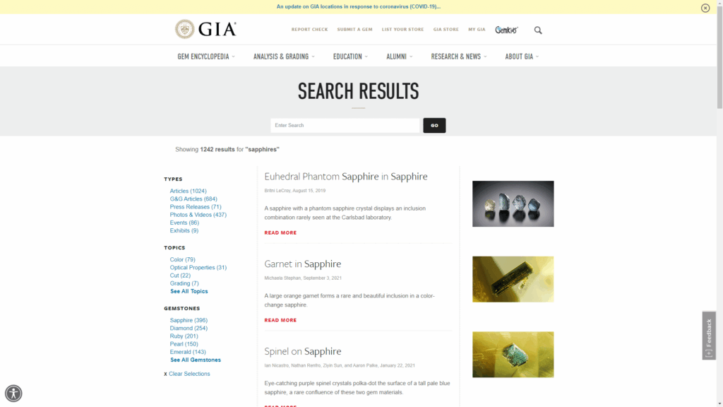 Screen capture of the Gemological Institute of America website internal search engine