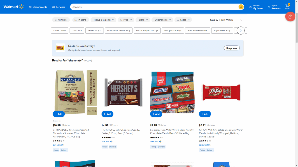 Screen capture of Walmart website showing internal search engine function wit the option to filter by categories and subcategories