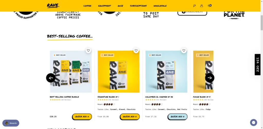 RAVE Coffee showcases best-selling blends on their homepage prominently 