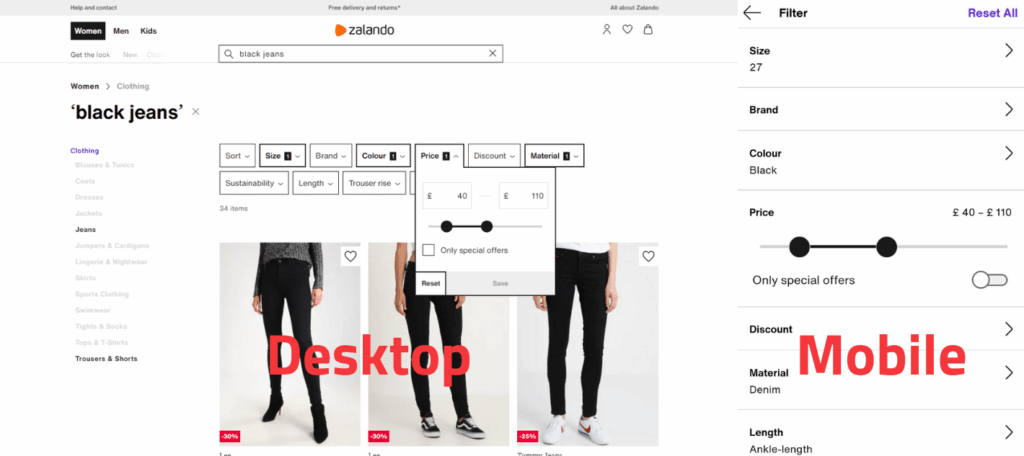 Zalando search filter example