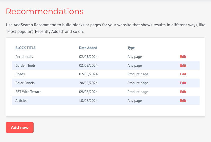 AddSearch Recommend Main Screen UI.