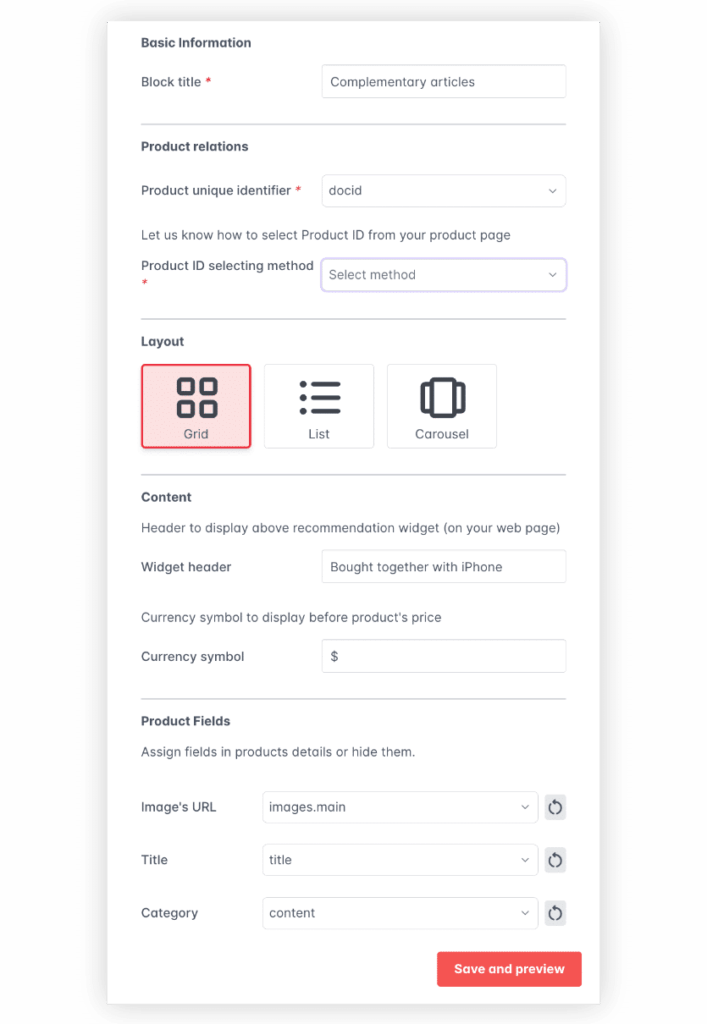 AddSearch Recommend Basic Settings UI for Product Block.