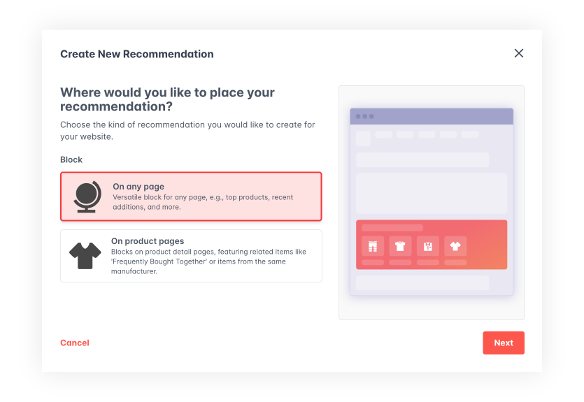 AddSearch Recommend Create New Block UI.