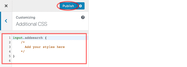 Picture of Additional CSS editor in WordPress Customize page.