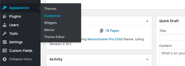 Picture of WordPress dashboard Appearance menu.