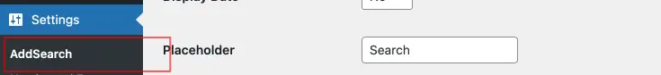 AddSearch plugin settings link in WordPress dashboard.